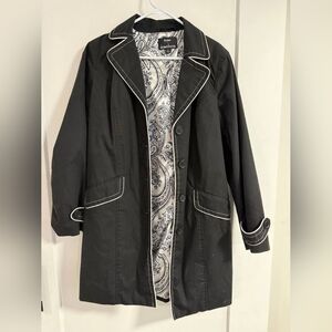 Dennis Basso Black Trench Coat with White Piping